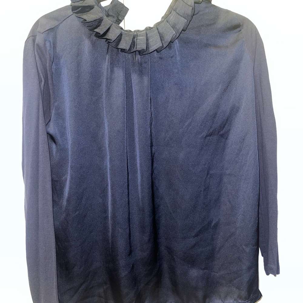 Elegant Navy Blue Ruffle Neck Women's Top